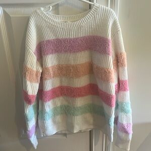 Epic Threads size medium girls white sweater with fuzzy, colorful stripes:)
